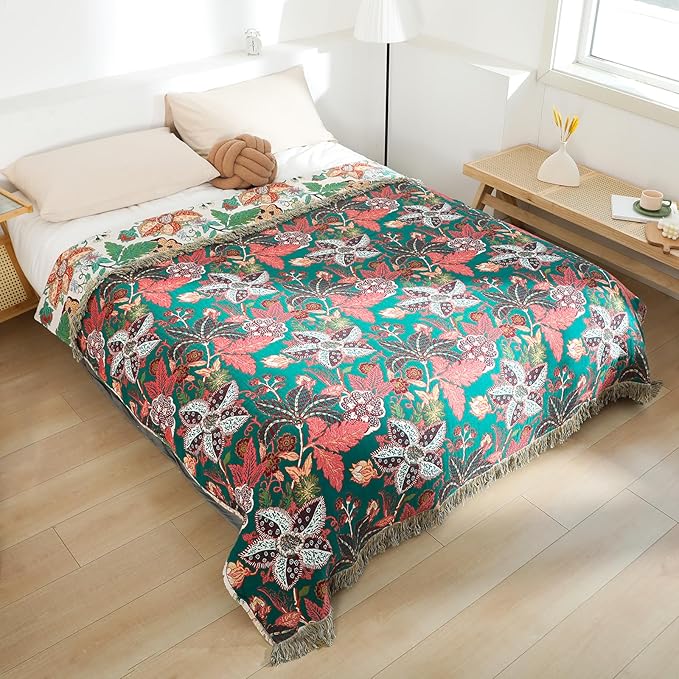 MSGKV Boho Throw Blanket for Bed Twin Size 100% Cotton Floral Blanket 60"x80" Lightweight Farmhouse Muslin Breathable Couch Blankets Home Decor All Seasons