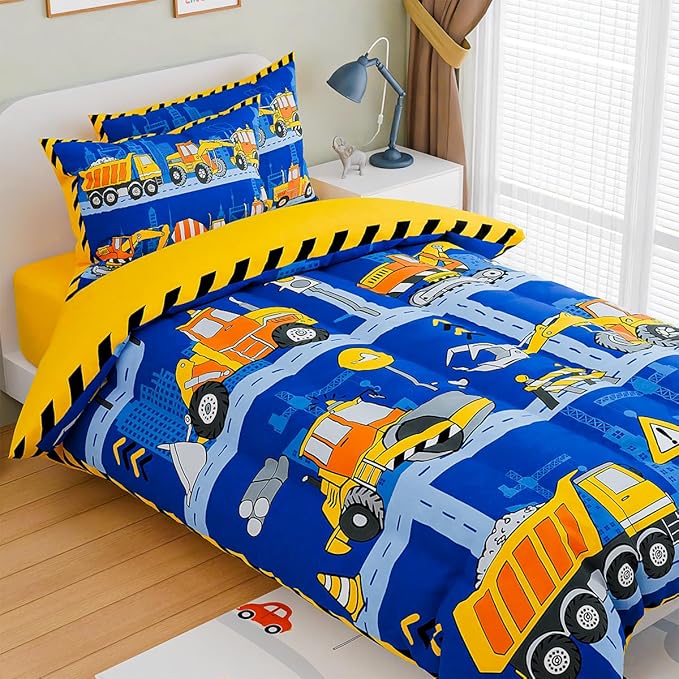 SANDJEST Construction Bedding Sets for Boys, Ultra Soft Microfiber Comforter Bed Set with 3-Pieces, Comforters Sets for Kids Children Boy Bedroom Decor