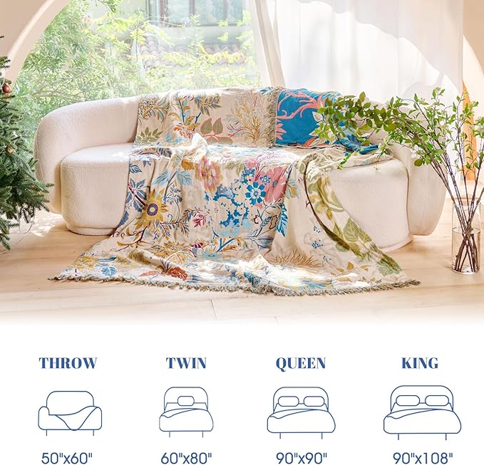 MSGKV Boho Throw Blanket for Couch Cotton Floral Blanket 50"x60" Throws for Sofa Chair Muslin Breathable Lightweight Farmhouse Blankets Home Decor All Seasons