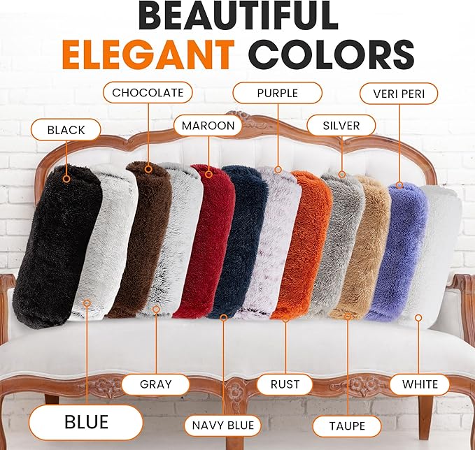 Cheer Collection Bolster Pillow. Set of 2 Shaggy Bolster Pillows, Decorative Cylinder Pillows for Bed & Couch, Round Neck Roll Pillow, Plush Tube Pillow for Lumbar, Head, Spine Support, Blue