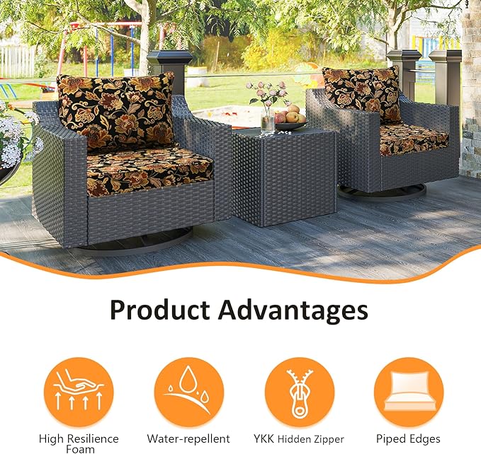 Outdoor Patio Chair Cushions Set, 24" x 24", Set of 2, Water-Repellent, Fade Resistant, Deep Seat Bottom and Back Cushion for Backyard, Couch, Sofa and Patio Furniture, Red Yellow Vine Flower