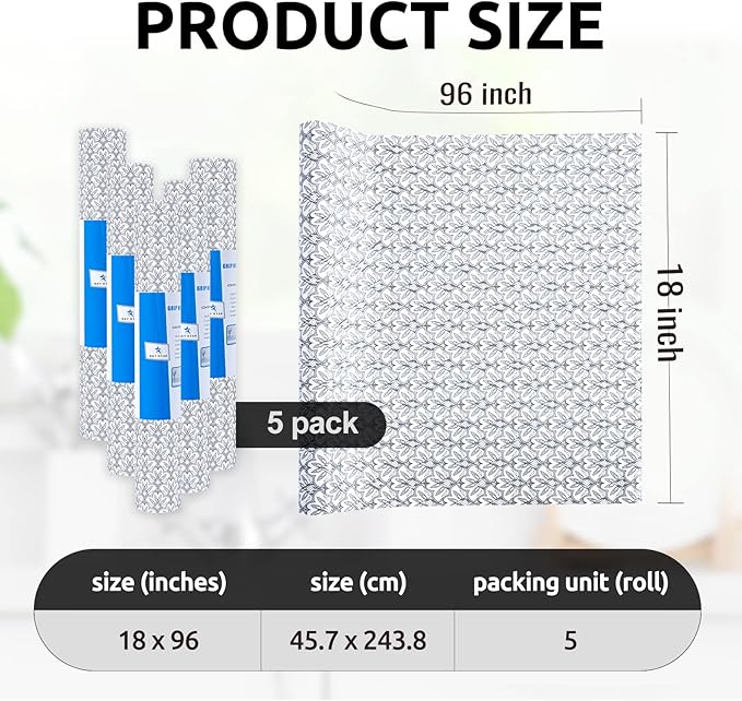 RAY STAR 18X96 Inch Shelf Liner for Kitchen Cabinets, Non-Adhesive Cabinet Liner Washable, PVC Drawer Liner for Dresser Non-Slip Bathroom (Black Floral)(5 Roll)