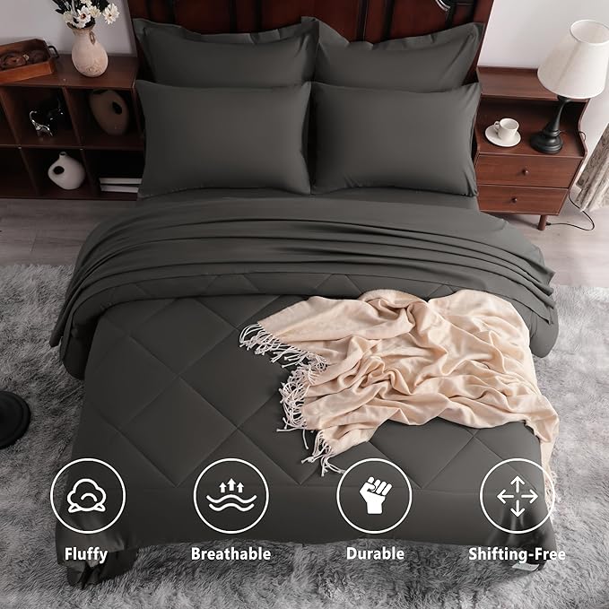 NTBAY King Comforter Set with Sheets, 7 Pieces Soft and Breathable King Bedding Set, Bed in a Bag, Down Alternative Comforter Set Solid Color All Season, King Bedding Set, Dark Grey