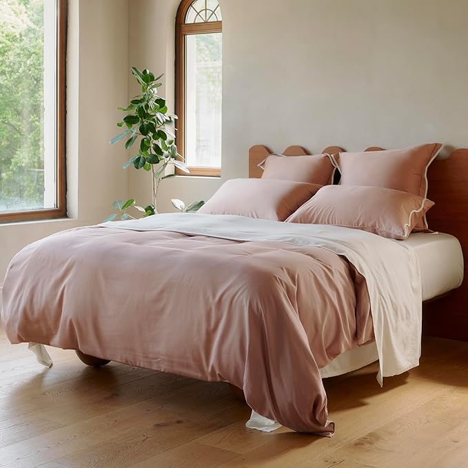 Double Stitch Cotton Tencel Duvet Cover - King Size Comforter Cover, Luxury & Soft Eucalyptus Lyocell Bedding Set for Hot Sleepers, Cooling, Smooth & Breathable, Button Closure, Dusty Mauve, 106"x90"