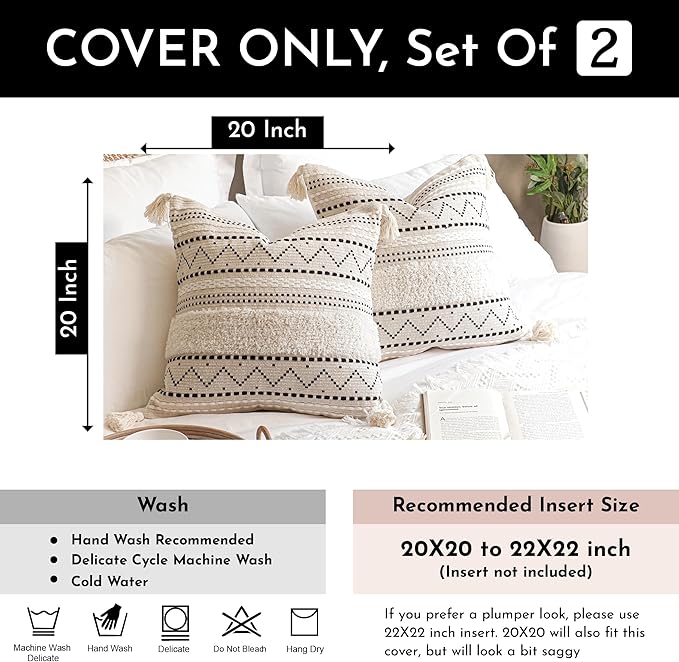 BlissBlush Decorative Throw Pillow Cover 20x20 Combo Set of 2 Square Boho Black Neutral Accent Pillowcase Tassels Farmhouse Cushion for Couch Sofa Bedroom Living Room Home Décor Cover ONLY