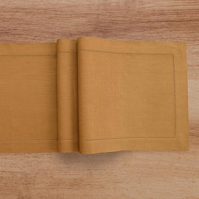 Solino Home Linen Brown Sugar Table Runner 132 Inches Long - 100% Pure Linen Extra Long Table Runner 14 x 132 Inch - Classic Hemstitch