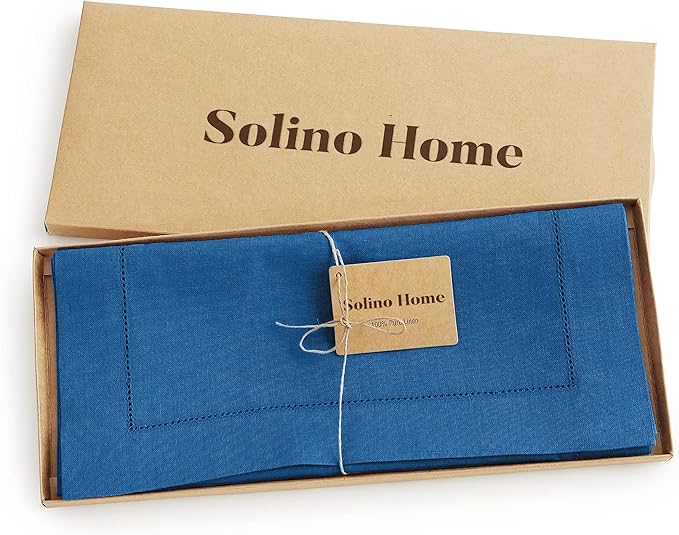Solino Home Linen Table Runner 36 Inches - 100% Pure Linen Indigo Blue Hemstitch Table Runner 14 x 36 Inch Ideal for Dresser and Coffee Tables - Christmas, Holiday, New Year - Classic Hemstitch