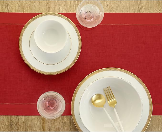 Solino Home Linen Red Table Runner 132 Inches Long - 100% Pure Linen Extra Long Table Runner 14 x 132 Inch for Christmas, Holiday, Winter, New Year - Classic Hemstitch