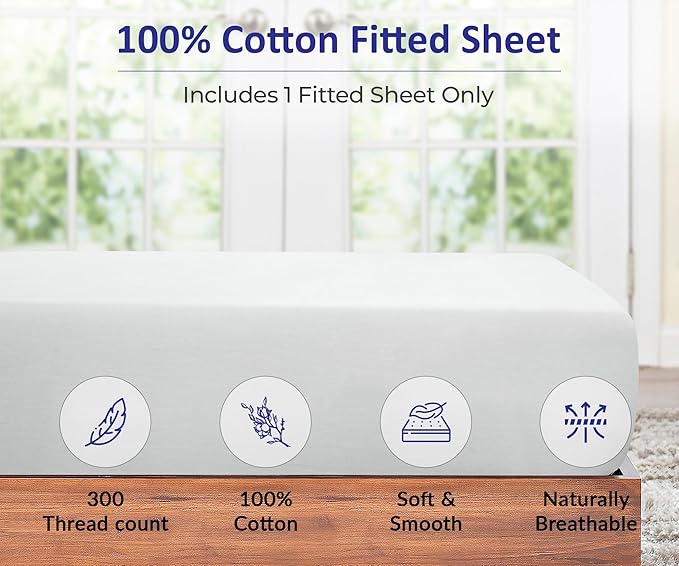ROYALE LINENS 300 Thread Count 100% Long Staple Combed Cotton Fitted Sheet Queen - Super Soft Deep Pocket Bottom Sheet - Fitted Sheets Only - Elastic Sheets (Queen, White)