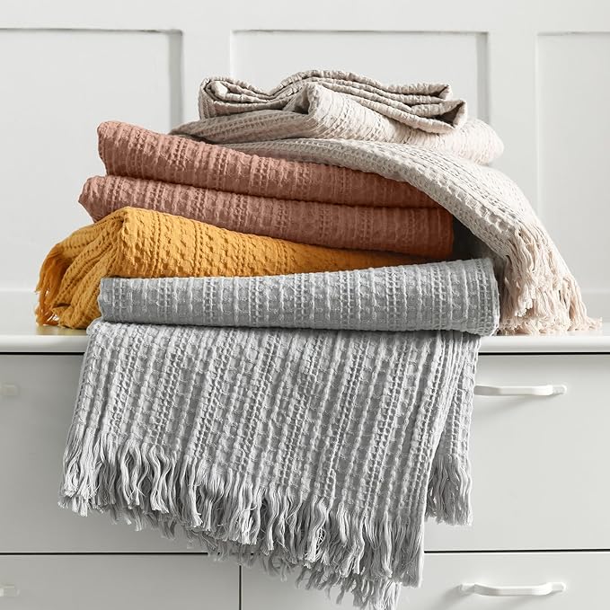 100% Cotton Waffle King Blanket with Fringe 104"x90", Pre-Washed Waffle Weave Blanket for All Season, Lightweight Breathable Soft Cozy Throw Blanket for Couch, Bed, Travel (Light Grey)