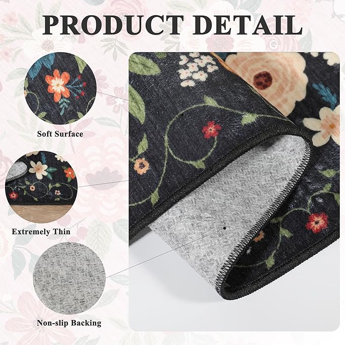 DUKINO 2x3 Rugs for Entryway, Floral Indoor Washable Door Mat, Non Slip Boho Small Rug for Kitchen, Soft Low Pile, Front Door Throw Rug for Entrance, Bedroom, Kitchen, Laundry, Bathroom, Black
