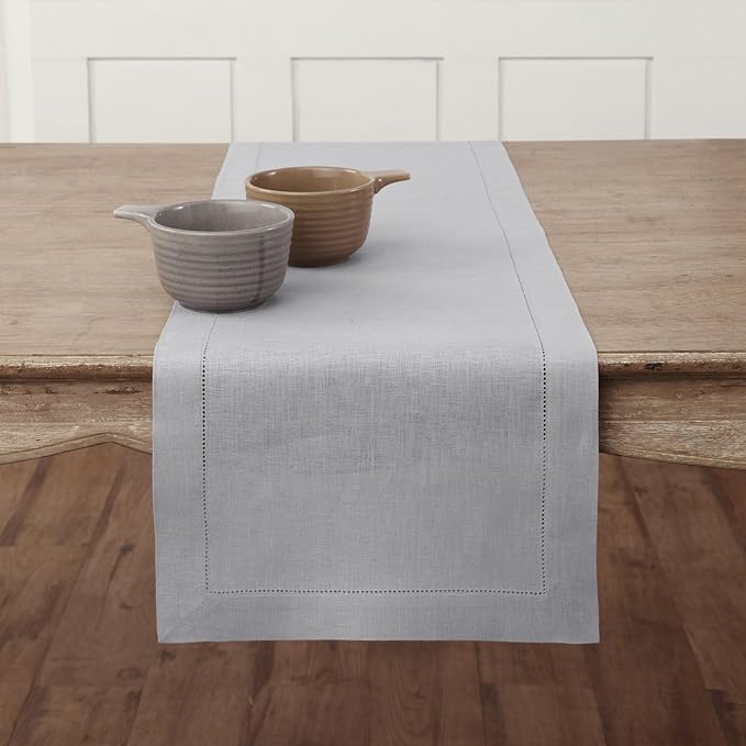 Solino Home Linen Soft Grey Table Runner 48 Inches - Classic Hemstitch, 100% Pure Linen Coffee Table Runner 14 x 48 Inch Ideal for Dresser Tables - Winter, Christmas, New Year