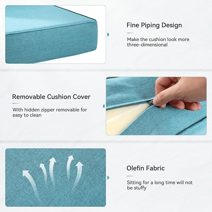 Luxury 6" Outdoor Cushions for Patio Furniture, 24x24x6" Thick Seat Cushion Set, Fade Resistant Couch Chair Replacement Cushions High Density Deep Wicker Chair Cushion with Removable Cover, Teal