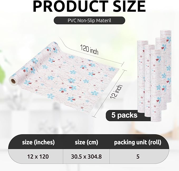 RAY STAR 12X120 Inch Shelf Liner for Kitchen Cabinets, Non-Adhesive Cabinet Liner Washable, PVC Drawer Liner for Dresser Non-Slip Bathroom (Blue-Floral)(5 Roll)