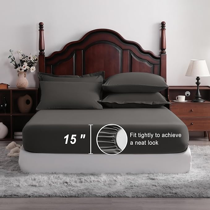 NTBAY Queen Comforter Set with Sheets, 7 Pieces Soft and Breathable Queen Bedding Set, Bed in a Bag, Down Alternative Comforter Set Solid Color All Season, Queen Bedding Set, Dark Grey