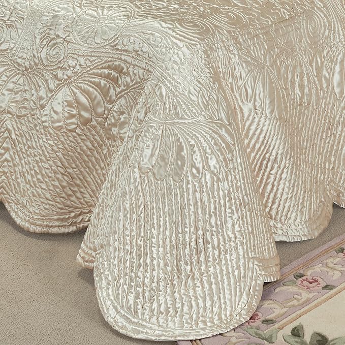 Touch of Class Portia Luxury Bedding | Soft Pearl | Premier Quilted Polyester Satin | Romantic Hand Guided Machine Quilted Scroll Design 3 Piece Set: King Oversized Bedspread and 2 King Shams