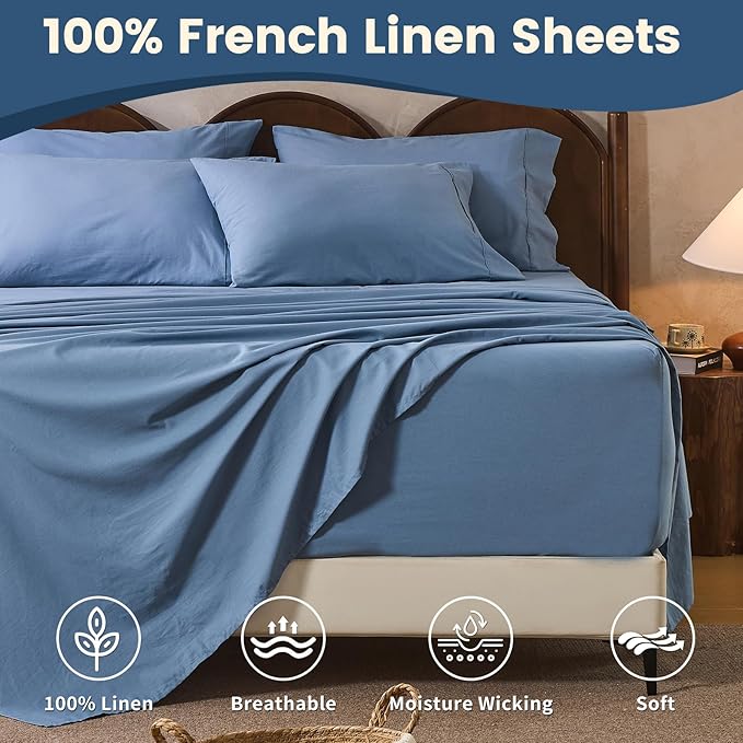 100% Linen Sheet Set Cal King Size Extra Deep Pocket Fits 18-24 Inch Mattress, Breathable & Soft, Smooth 4-Piece Set for Thick Mattresses Hotel Luxury Bedding（Cal King, Dusty Blue）