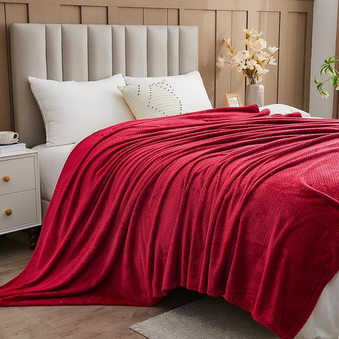 NEWCOSPLAY Super Soft King Blanket Red Premium Silky Flannel Fleece Leaves Pattern Lightweight Bed Blanket All Season Use (Red, King(90"x110"))