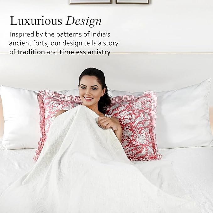 CPC Ruby Red 100% Cotton Block Print Ruffle Sham Cover 20X36 inch Pack of 2, Handmade Boho Floral Pillowcase, Soft Decorative King Bed Pillow Cover for Bedroom Décor