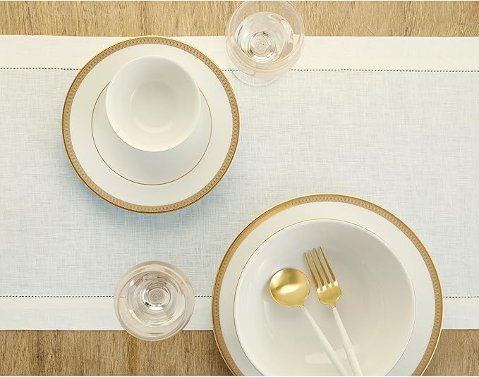 Solino Home Linen Ivory Table Runner 132 Inches Long - 100% Pure Linen Extra Long Table Runner 14 x 132 Inch for Christmas, New Year - Classic Hemstitch