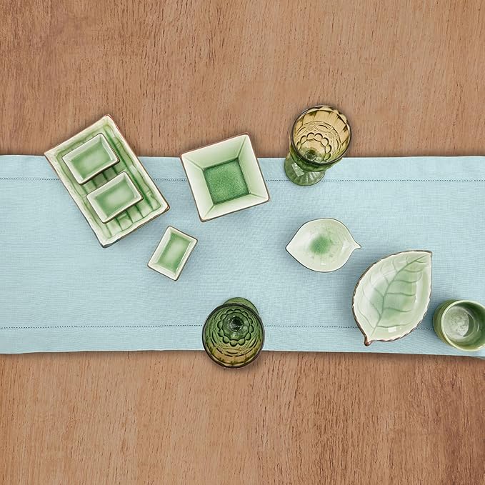 Solino Home Linen Aqua Blue Table Runner 36 Inches - Classic Hemstitch, 100% Pure Linen Coffee Table Runner 14 x 36 Inch Ideal for Dresser Tables