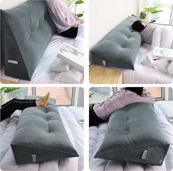 Wedge Headboard Pillow Dorm Room Reading Pillow Back Support for Sitting Up in Bed Bolster Lumbar Cushion Body Pillow Positioning Bedrest Velvet 39in Light Gray Twin