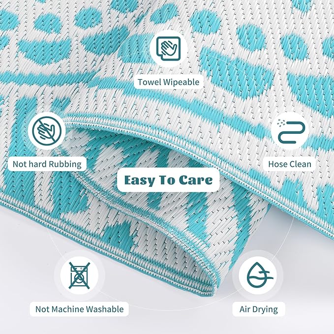 Ileading Large Plastic Outdoor Rug 8x10ft Modern Geometric Style Reversible Patio Area Rugs Waterproof Non Shedding Portable Carpets for Rv Outside Deck Pool Beach Picnic Camping (Teal)