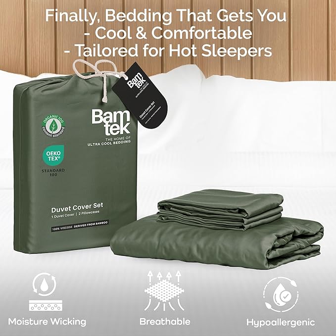 Duvet Cover Set - 100% Viscose Derived from Bamboo Duvet Cover King Size, 3 PC Luxury Cooling Duvet Cover for Hot Sleepers, Silky Buttery Soft Comforter Cover & 2 PC King Pillowcases, Moss