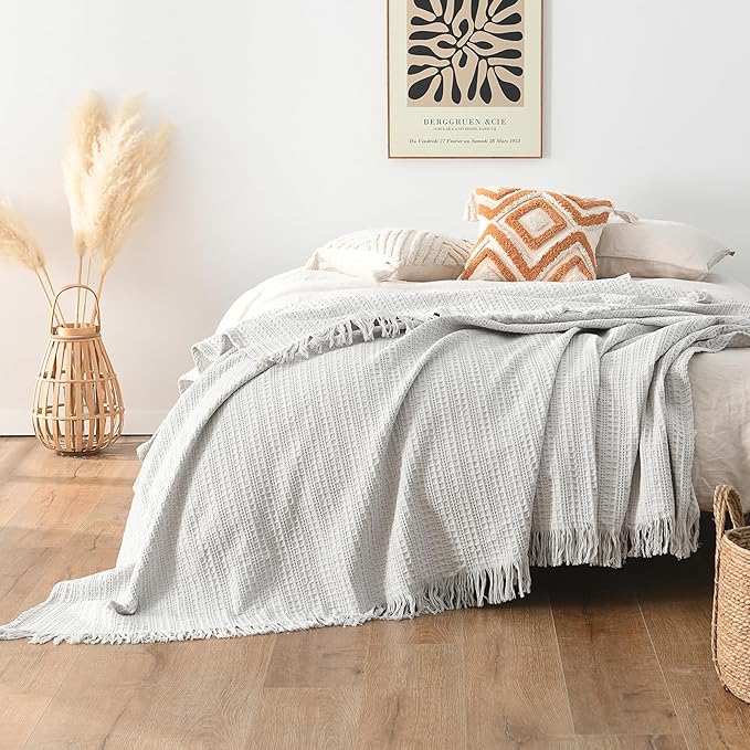 100% Cotton Waffle King Blanket with Fringe 104"x90", Pre-Washed Waffle Weave Blanket for All Season, Lightweight Breathable Soft Cozy Throw Blanket for Couch, Bed, Travel (Light Grey)