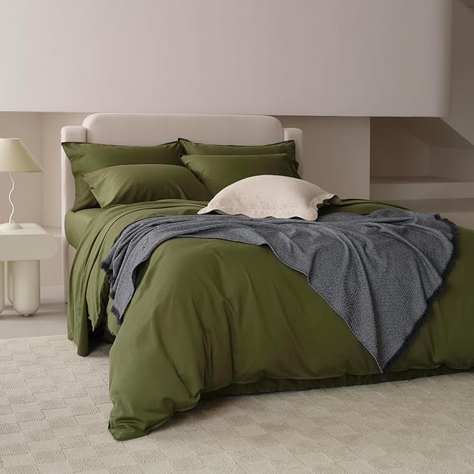 Double Stitch Cotton Tencel Duvet Cover - King Size Comforter Cover, Luxury & Soft Eucalyptus Lyocell Bedding Set for Hot Sleepers, Cooling, Smooth & Breathable, Button Closure, Olive Green, 106"x90"