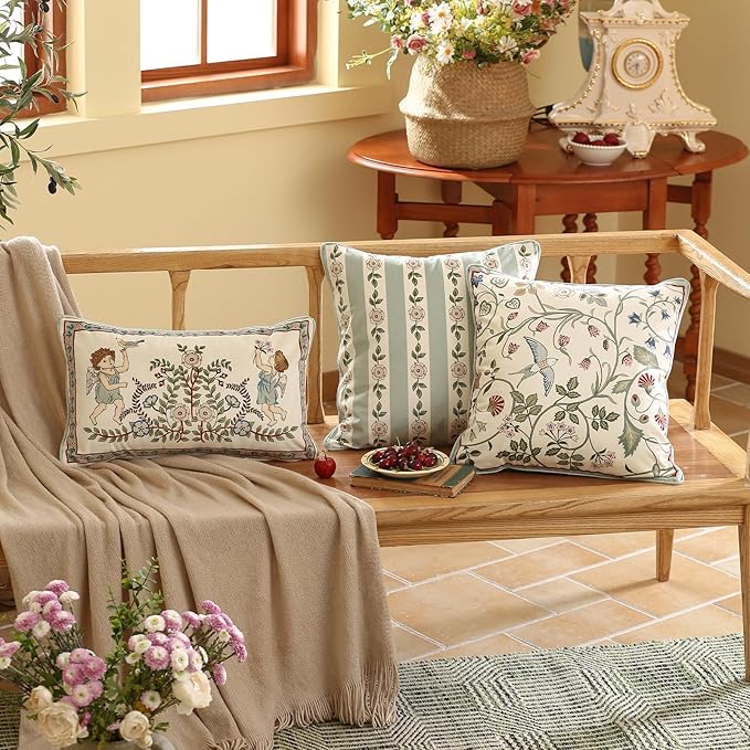 Throw Pillow Covers Pack of 1,Green Cozy Velvet Farmhouse with Flowers and Leaves Pattern Pillowcases,Decoration Square Pillows Cushion Covers for Couch Sofa Bed Car Chair,18"x18"…