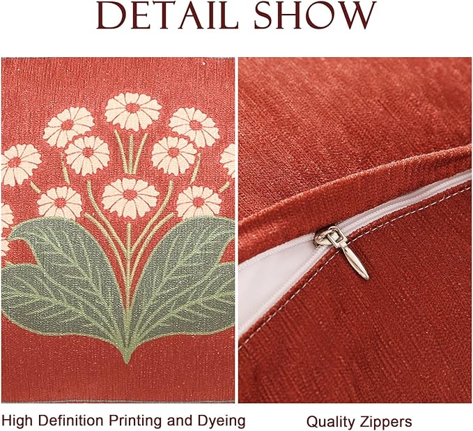 Rectangle Throw Pillow Covers,Red Cozy Velvet with Leaves and Floral Pattern Pillowcases,Decoration Long Lumbar Pillows Cushion Covers for Living Room Couch Sofa Bed Car Chair,12"x28"