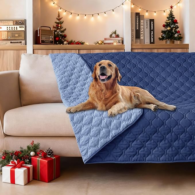 gogobunny 100% Double Sided Waterproof Dog Blanket Soft Pet Bed Cover Reversible Protect Furniture Couch Sofa Car for Puppy Large Dog Cat (Dark Navy/Light Navy, 52x82 Inch (Pack of 1))