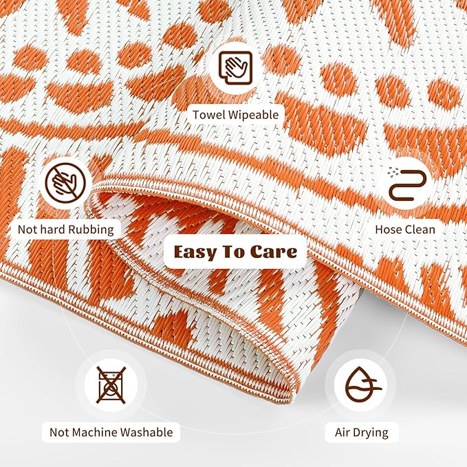 Ileading Large Plastic Outdoor Rug 8x10ft Modern Geometric Style Reversible Patio Area Rugs Waterproof Non Shedding Portable Carpets for Rv Outside Deck Pool Beach Picnic Camping (Orange)