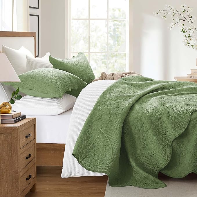 IR Imperial Rooms Twin Quilt Bedding Set Size (68” x 86”) + 1 Pillow Shams (20” x 26” + 2”) - 2 Pcs All Season Lightweight Reversible Microfiber Coverlet Floral Embossed Quilt Bedspread (Olive Green)