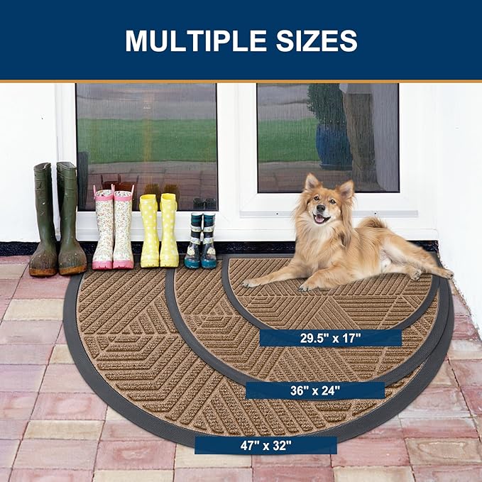 Smiry Half Circle Front Door Mat Outside Entrance, Heavy Duty Sturdy Natural Rubber Doormat, Trap Dirt and Moisture, Low Profile Mats for Indoor Outdoor Entry, Irregular Triangle (29.5x17, Coffee)