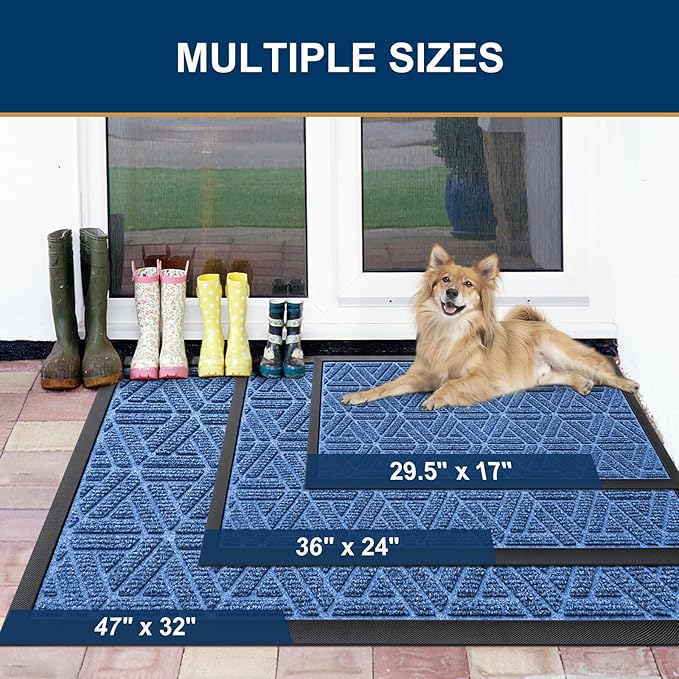 Smiry Front Door Mat Outside Entrance, Heavy Duty Sturdy Natural Rubber Doormat, Trap Dirt and Moisture, Easy Clean Low Profile Mats for Indoor Outdoor Entry, Grid Geometric (36x24, Blue)