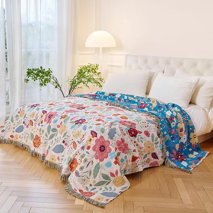 MSGKV Boho Throw Blanket for Couch 100% Cotton Floral Blanket 50"x60" Sofa Bed Chair Blanket All Seasons Lightweight Farmhouse Muslin Breathable Blankets Home Decor