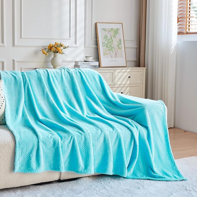 NEWCOSPLAY Super Soft Twin Blanket Turquoise Premium Silky Flannel Fleece Leaves Pattern Lightweight Bed Blanket All Season Use (Turquoise, Twin(60"x80"))