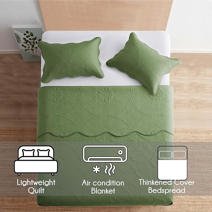 IR Imperial Rooms Twin Quilt Bedding Set Size (68” x 86”) + 1 Pillow Shams (20” x 26” + 2”) - 2 Pcs All Season Lightweight Reversible Microfiber Coverlet Floral Embossed Quilt Bedspread (Olive Green)