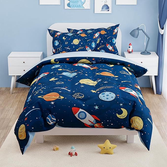 SANDJEST Outer Space Comforter Set Full Size 98x86in for Kids Boys, Microfiber 4 Pcs Bedding Set Includes 1 Comforter, 2 Pillowcases, 1 Fitted Sheet, Nursery Room Decor