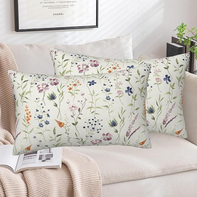 Throw Pillow Covers Spring Summer Floral Pillow Covers 20x12 Inch Set of 2 Watercolor Flowers Throw Pillows Decorative Pillow Cases Cushion Covers for Bedroom Livingroom Sofa Farm House