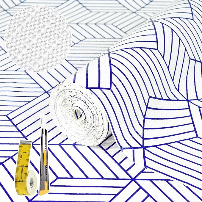 Shelf Liners for Kitchen Cabinets 12in x 20FT, Non Adhesive Cabinet Liner Strong Non-Slip White and Blue Geometric Drawer Liner, Easy to Clean for Shelf, Cabinet with Knife and Tape Measure