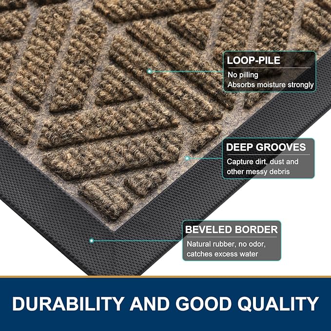 Smiry Front Door Mat Outside Entrance, Heavy Duty Sturdy Natural Rubber Doormat, Trap Dirt and Moisture, Easy Clean Low Profile Mats for Indoor Outdoor Entry, Grid Geometric (47x32, Brown)