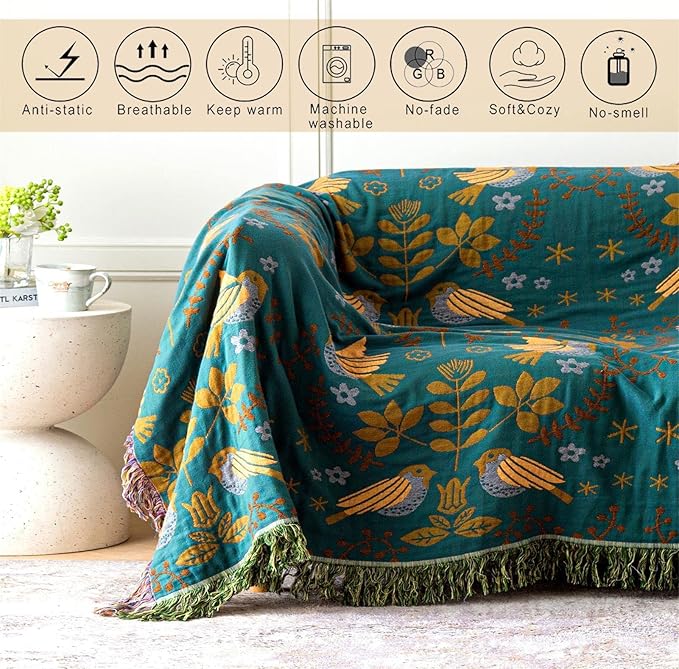 MSGKV 100% Cotton Blanket Boho Throw Blue Warm Couch Sofa Bed Double Sided Knit Super Soft Cover Sheet Reversible Wearable Fall Winter Blanket, 60''Wx 80''L, A-blue Bird (US6018-001A-150x200)