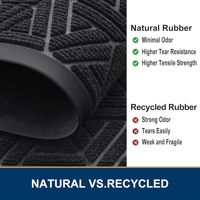 Smiry Front Door Mat Outside Entrance, Heavy Duty Sturdy Natural Rubber Doormat, Trap Dirt and Moisture, Easy Clean Low Profile Mats for Indoor Outdoor Entry, Grid Geometric (29.5x17, Black)