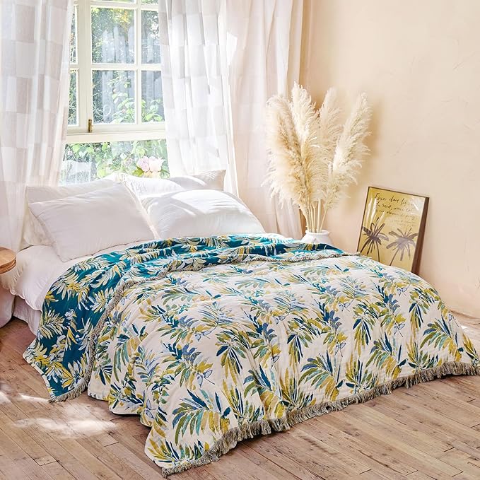 MSGKV Boho Throw Blanket for Bed Cotton 60"x80" Leaves Blanket Twin Size Couch All Seasons Muslin Breathable Lightweight Farmhouse Blankets