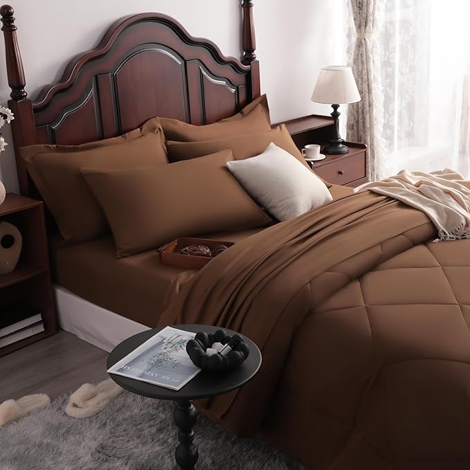 NTBAY King Comforter Set with Sheets, 7 Pieces Soft and Breathable King Bedding Set, Bed in a Bag, Down Alternative Comforter Set Solid Color All Season, King Bedding Set, Brown