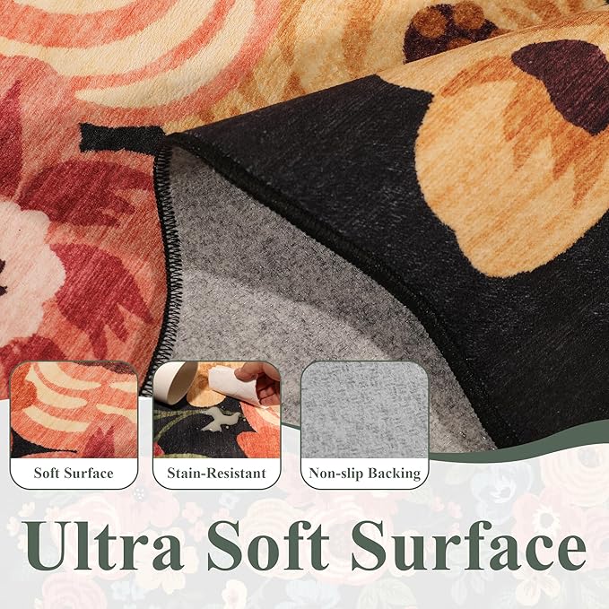 DUKINO 4x6 Area Rug, Floral Non-Slip Indoor Washable Rug with Low Pile & Non-Shedding, Lightwight Boho Design Carpet for Entryway, Bedroom, Kids Room, Living Room, Kitchen, Black