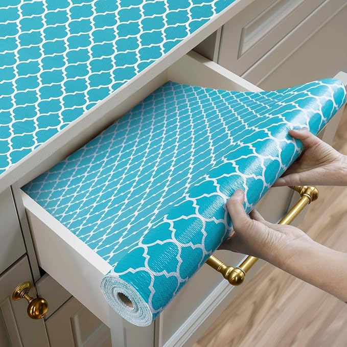 Shelf and Drawer Liner for Kitchen Cabinets Non-Adhesive, Strong Grip Non-Slip Thickened Cabinet Liners for Shelves, Waterproof Mats for Dresser Cupboard, Green/White, 23 in x 20 Feet